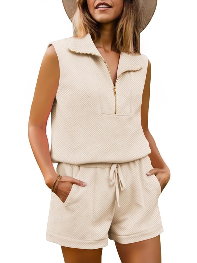 Womens 2 Piece Outfits Short Sets Half Zip Sleeveless Tops and Drawstring Shorts Loungewear Sweatsuit Set