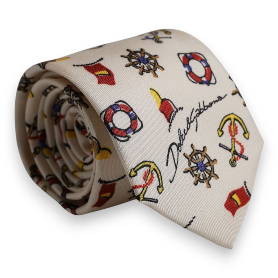 DOLCE & GABBANA Tie Beige Graphic Print Silk Adjustable Necktie Accessory 180usd