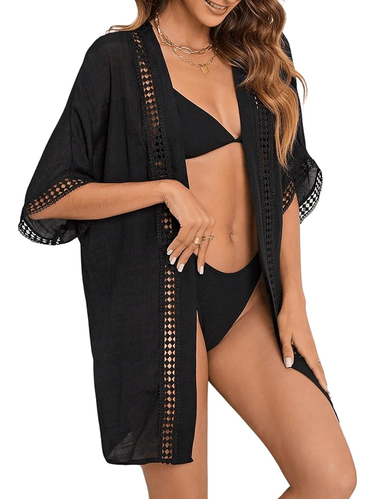 Milumia Women's Swimsuit Coverup Short Sleeve Open Front Kimono Swim Cover Up Beachwear