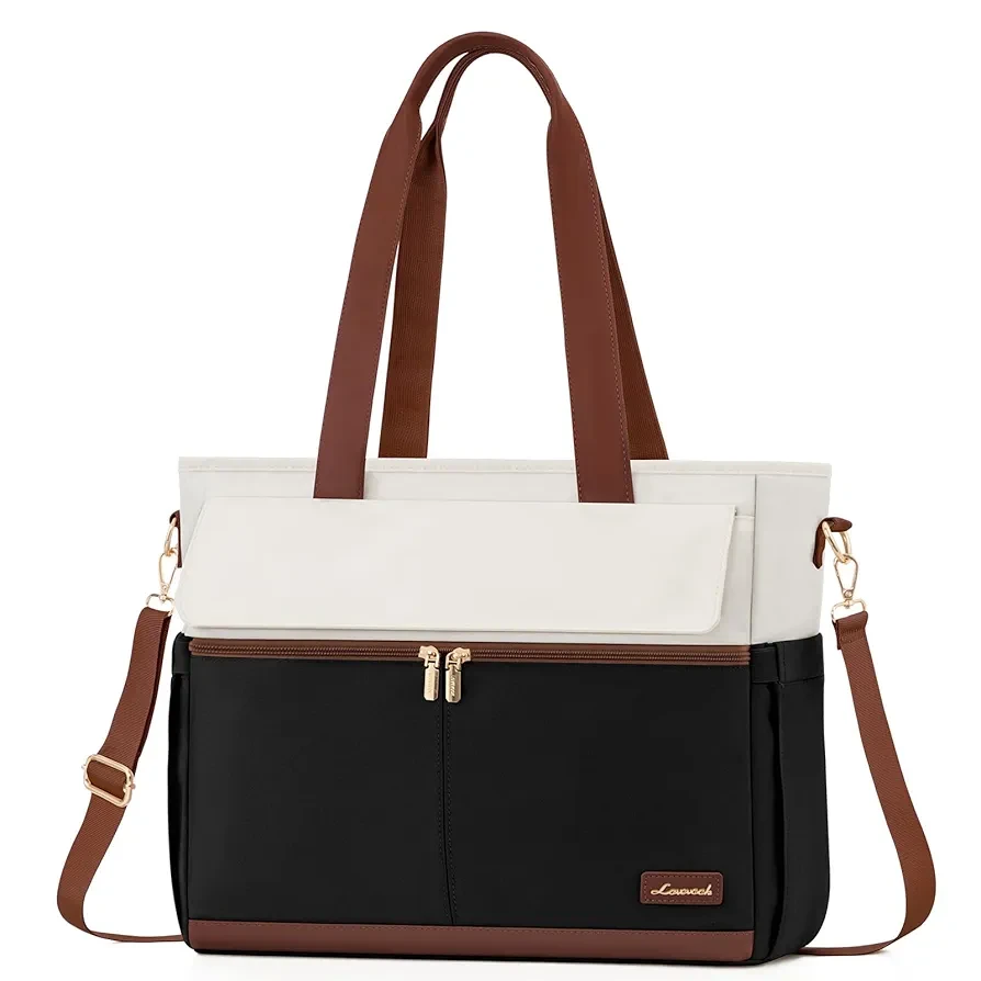 LOVEVOOK Laptop Bag for Women 15.6 Inch Canvas Laptop Large Capacity Work Bags Mutiple Pockets Teacher Bag Water Resistant Computer Bags for Business Travel Nurse, Black Brown