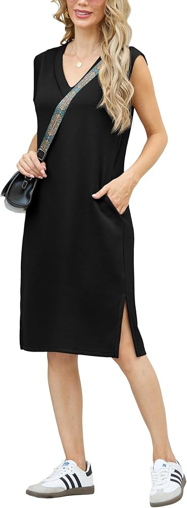 GRECERELLE 2025 Women Summer V-Neck Casual Loose Split Wrinkle-Free Midi Dress with Pockets