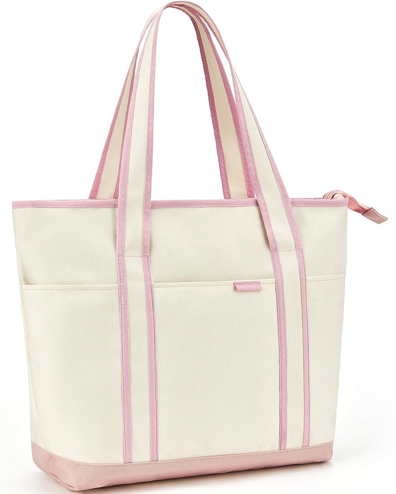 BAGSMART Canvas Tote Bag With Compartments and Zipper, Shoulder Handbag for Women, Travel, Shop