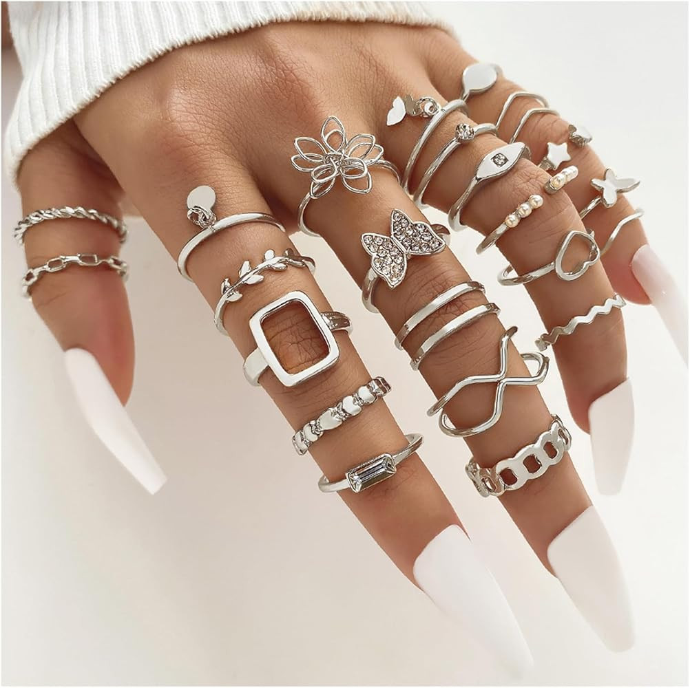 IFKM 36 PC Silver Plated Jewelry Set With 3 Necklace, 12 Bracelet, 7 Ear Cuffs Earring, 14 Knuckle Rings For Women Girls Valentine Anniversary Birthday Friendship Gift