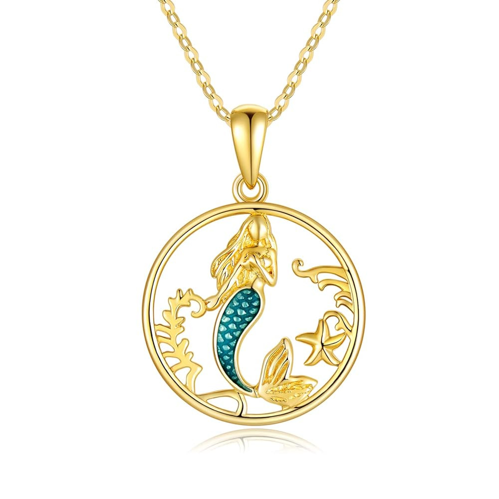 Solid 14K Gold Mermaid Pendant Necklace Fairytale Mermaid Pearl Necklace for Women Dainty Jewelry Gifts for Her, 16''-18''