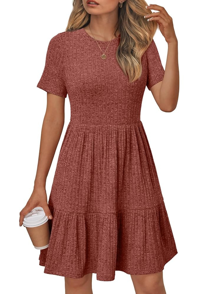 Women Summer Casual Dresses Short Sleeve Crewneck Knit Beach Sundress Flowy Mini Dress Vacation Outfits 2025