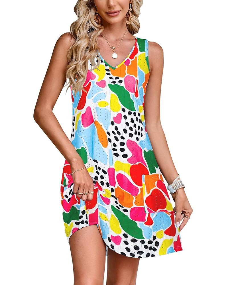 Women's Swimsuit Coverup Eyelet Sleeveless Bathing Suit Cover Up Swimwear Beach Cover Ups Tank Dress with Pockets