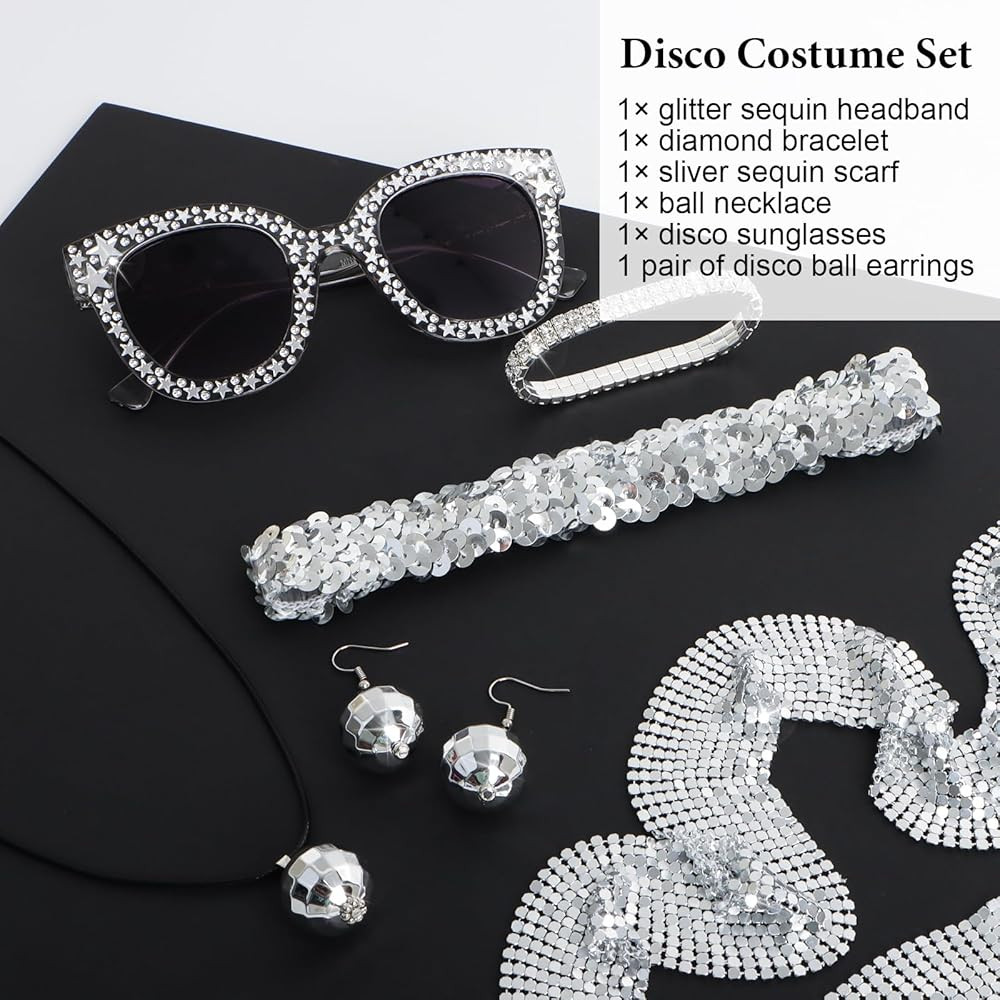 6 Pcs 70s Women Disco Accessories Disco Costume Disco Sequin Scarf Headband Diamond Bracelet Ball Necklace Earring Glasses