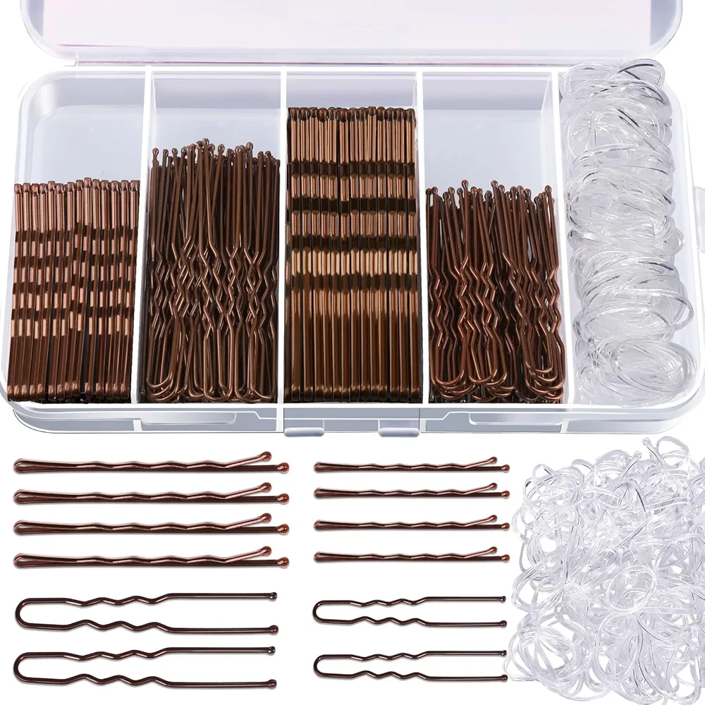 Teenitor 300pcs Bobby Pins Hair Pins Kit, 100 Hair Pin for Women 100 Bobby Pins Brown Hair and 100 Hair Bands, Hair Pins for Buns 2inch 2.36inch Bobby Pins for Women 2inch, 2.75inch
