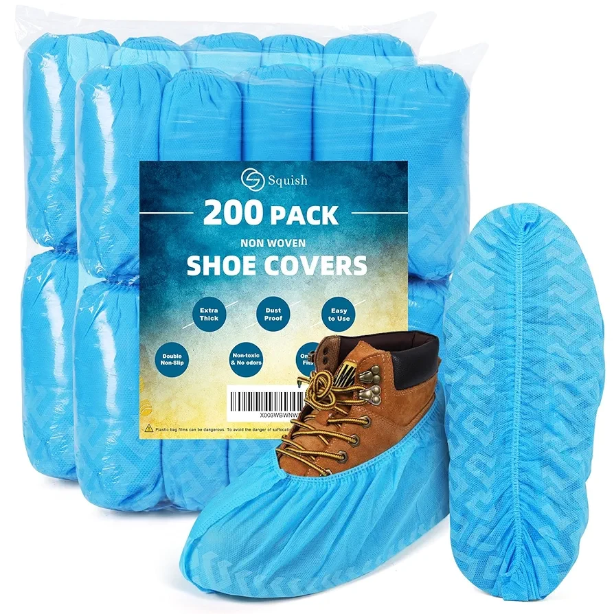 squish 200 Pack Shoe Covers Disposable Non-Slip, Blue Non-Woven Fabric Boot Covers for Indoors Breathable Slip Resistant Durable Boot&Shoes Cover, Protector Covers Fits Virtually Most Shoes