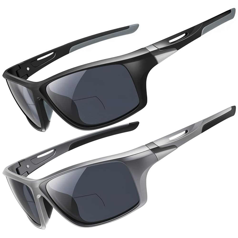 2 Pack Bifocal Reading Sunglasses Men Wrap Around Sports Sun Readers Outdoor Clear Top Soft Nose Pads PC Frame UV400