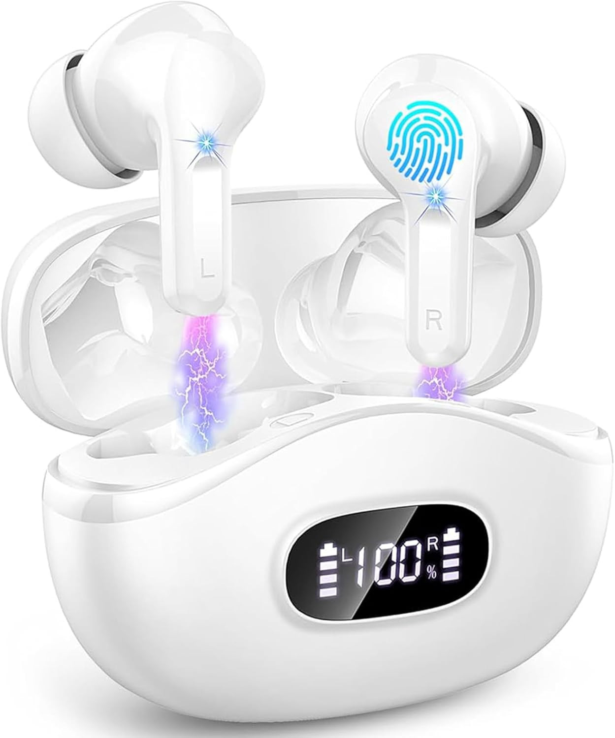 Wireless Earbuds, 2024 Bluetooth Headphones V5.3 HiFi Stereo Ear buds with ENC Noise Cancelling Mics, 40H Bluetooth Earbuds with Dual LED Display, IP7 Waterproof Earphones for Android iOS, White