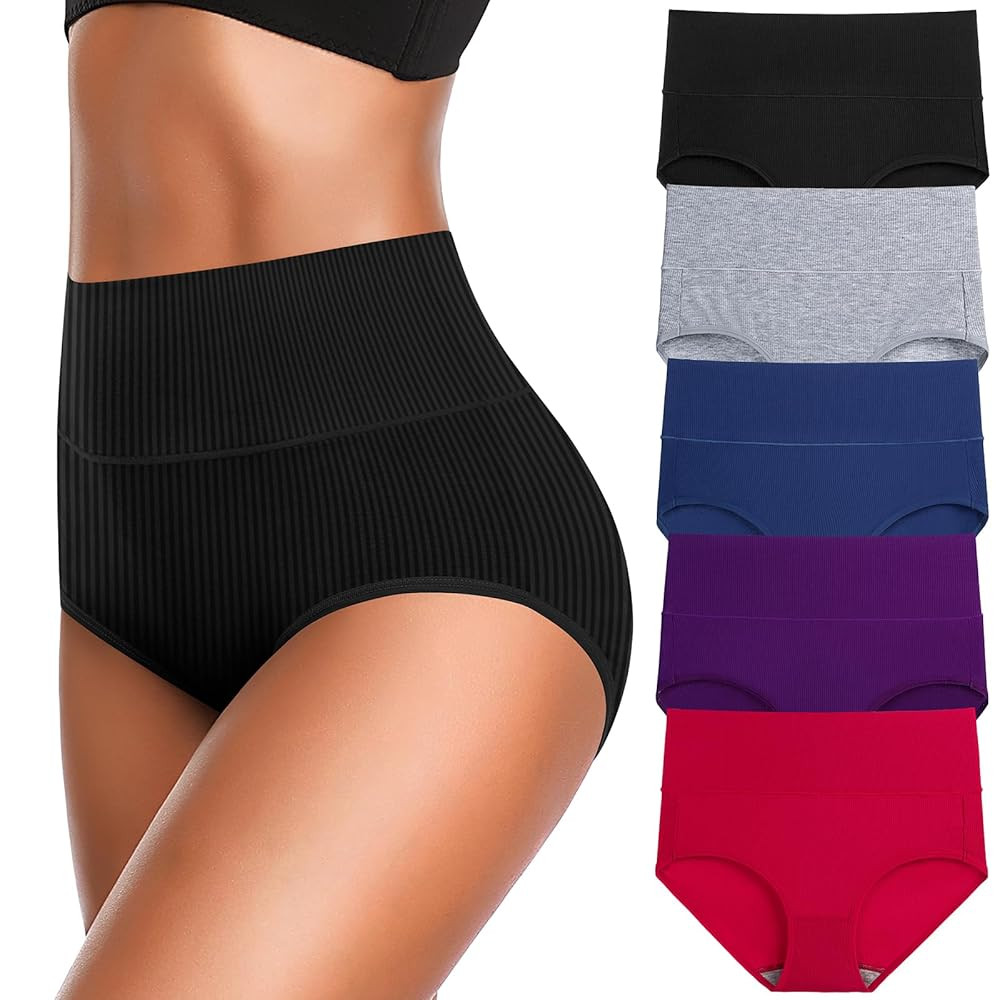 Women's High Waist Cotton Underwear Super Stretchy Briefs Full Coverage Panties Blue 5-Pack One Size Fits All