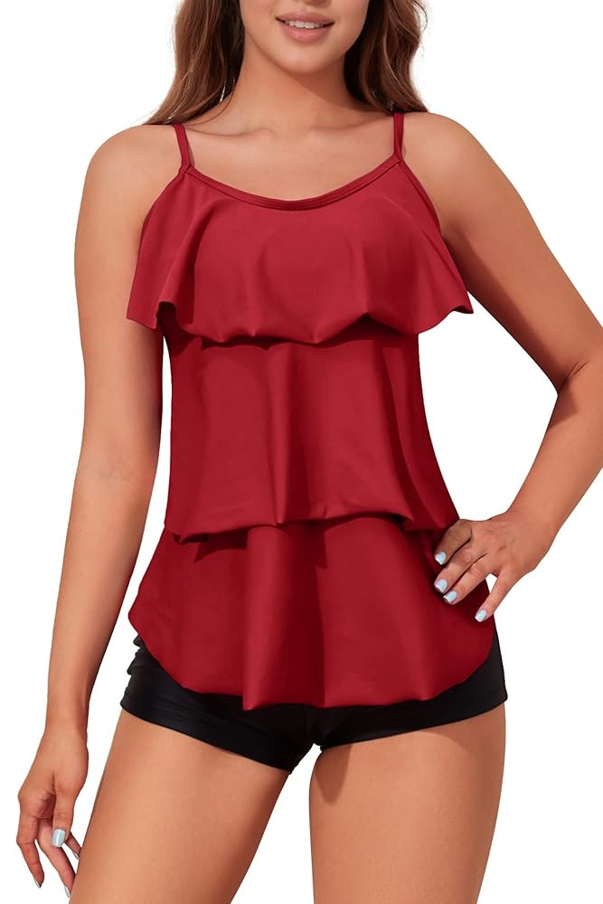 Womens Tankini Swimsuits with Boy Shorts Tummy Control Plus Size Modest Flounce Vintage Tank Top Two Piece Bathing Suits