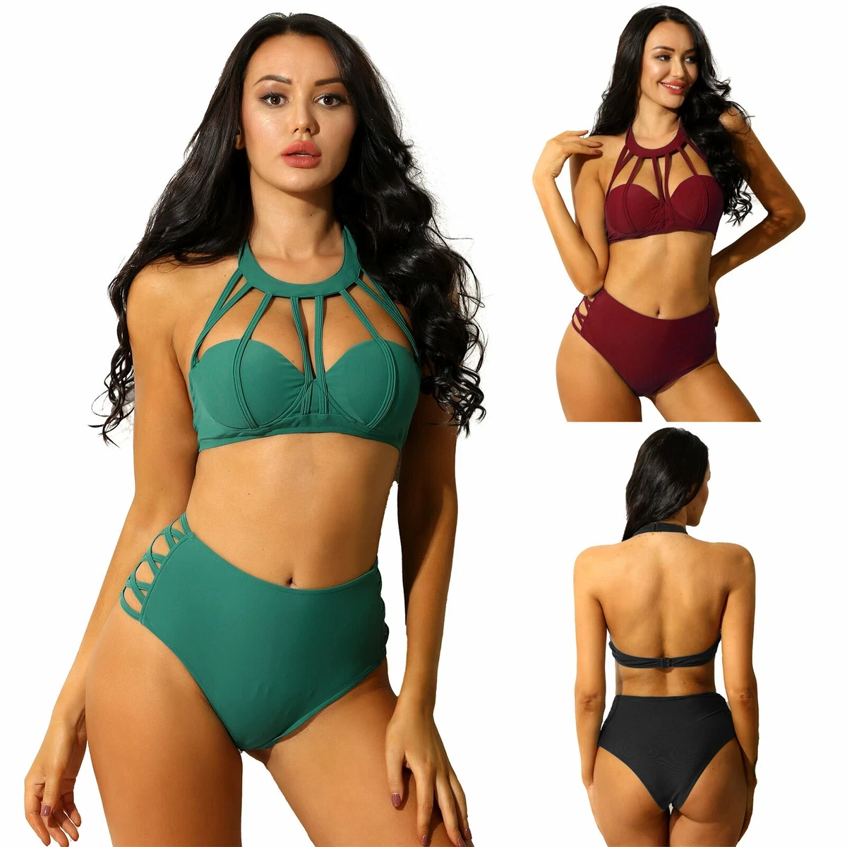 Women's Bathing Suits Bikini Set Halter Backless Bra High Waist Thong Beachwear