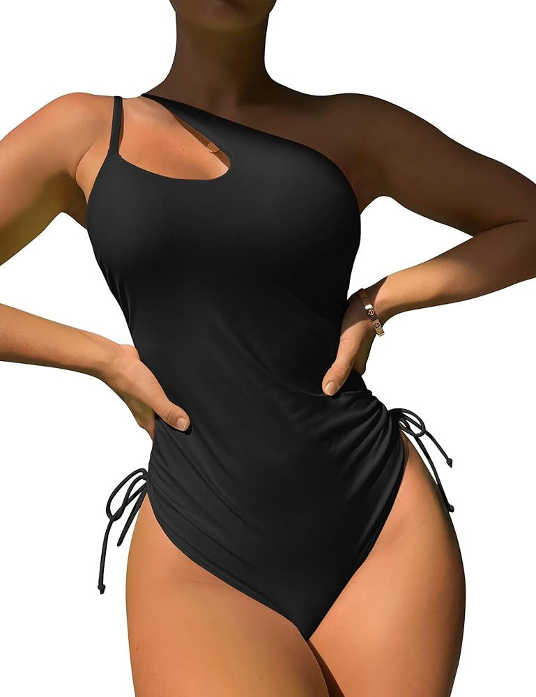 Women One Piece One Shoulder Swimsuit with Drawstring Tummy Control Bathing Suits Sexy High Cut Swim Suits Black