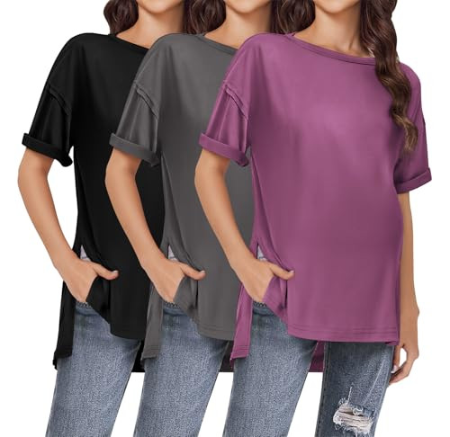 Ekouaer Maternity Shirts 3 Packs Short Sleeve Womens Oversized Pregnancy Tops Split Side Postpartum Blouse Clothes S-XXL