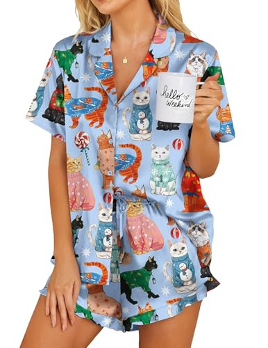 Ekouaer Womens Satin Pajamas Set Button Down 2 Piece Silk Pjs Shorts Set Ruffle Lingerie Notch Collar Sleepwear