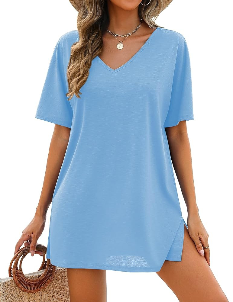Women's Swimsuit Coverup Short Sleeve Bathing Suit Cover Up Casual T-Shirt Dress Loose Beachwear Coverups S-3XL