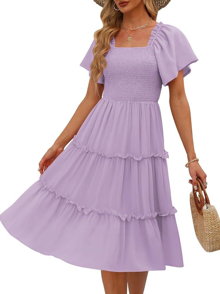 Women's Summer Casual Flutter Sleeve Square Neck Smocked Midi Dress