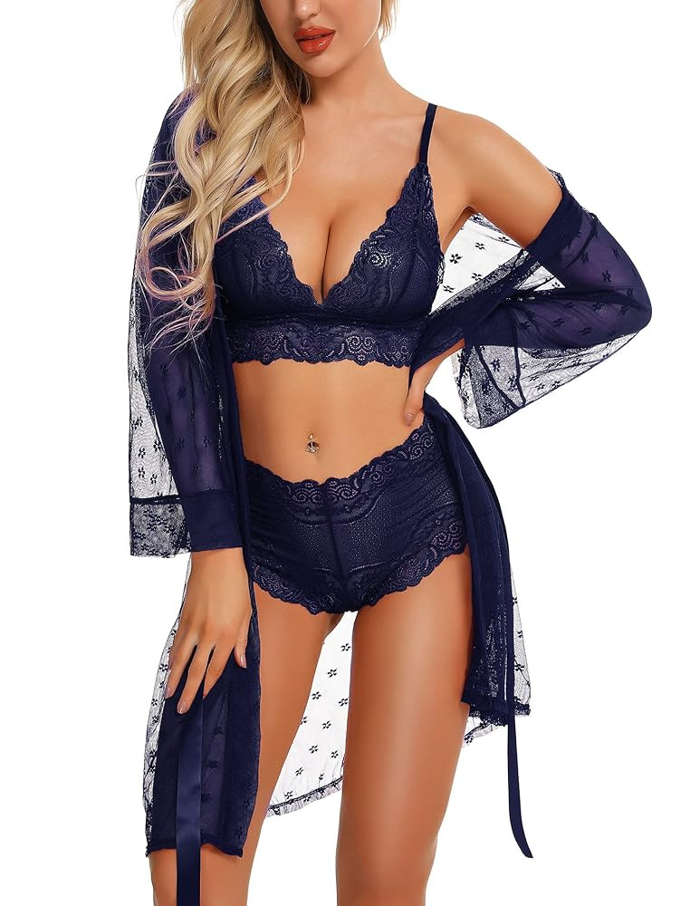Women Sexy Lingerie Set 3 Piece Lace Kimono Robe with Bra and Panty Sheer Sleepwear