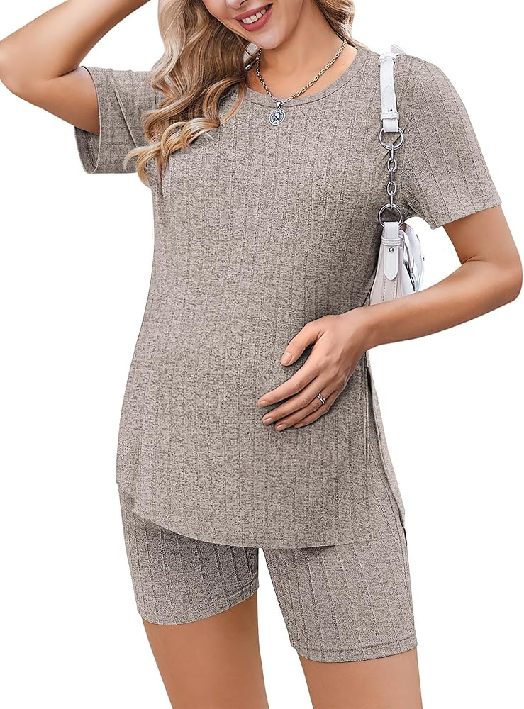 Ekouaer Maternity Sets 2 Piece Outfits Ribbed Knit Short Sleeve Shirts and Biker Shorts Pregnancy Loungewear Mama Clothes