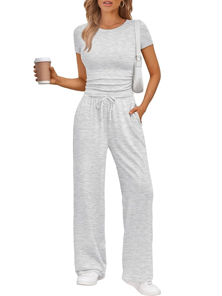 2 Piece Matching Summer Sweatsuit Lounge Set Womens Wide Leg Pants Side Ruching Crop Top Sets