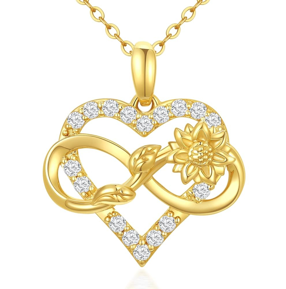 Solid 14k Gold Sunflower Heart Necklace for Women, Real Gold Flower Necklace You are May Sunshine Necklace Fine Jewelry Gifts for Wife, Mom,Girlfriend, 16''-18''