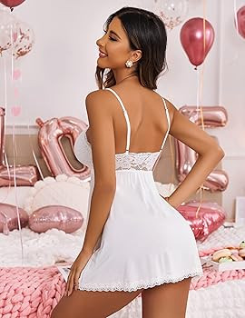 Women Nightgown Sexy Sleepwear Lace Chemise V-neck Modal Babydoll Lounge Dress