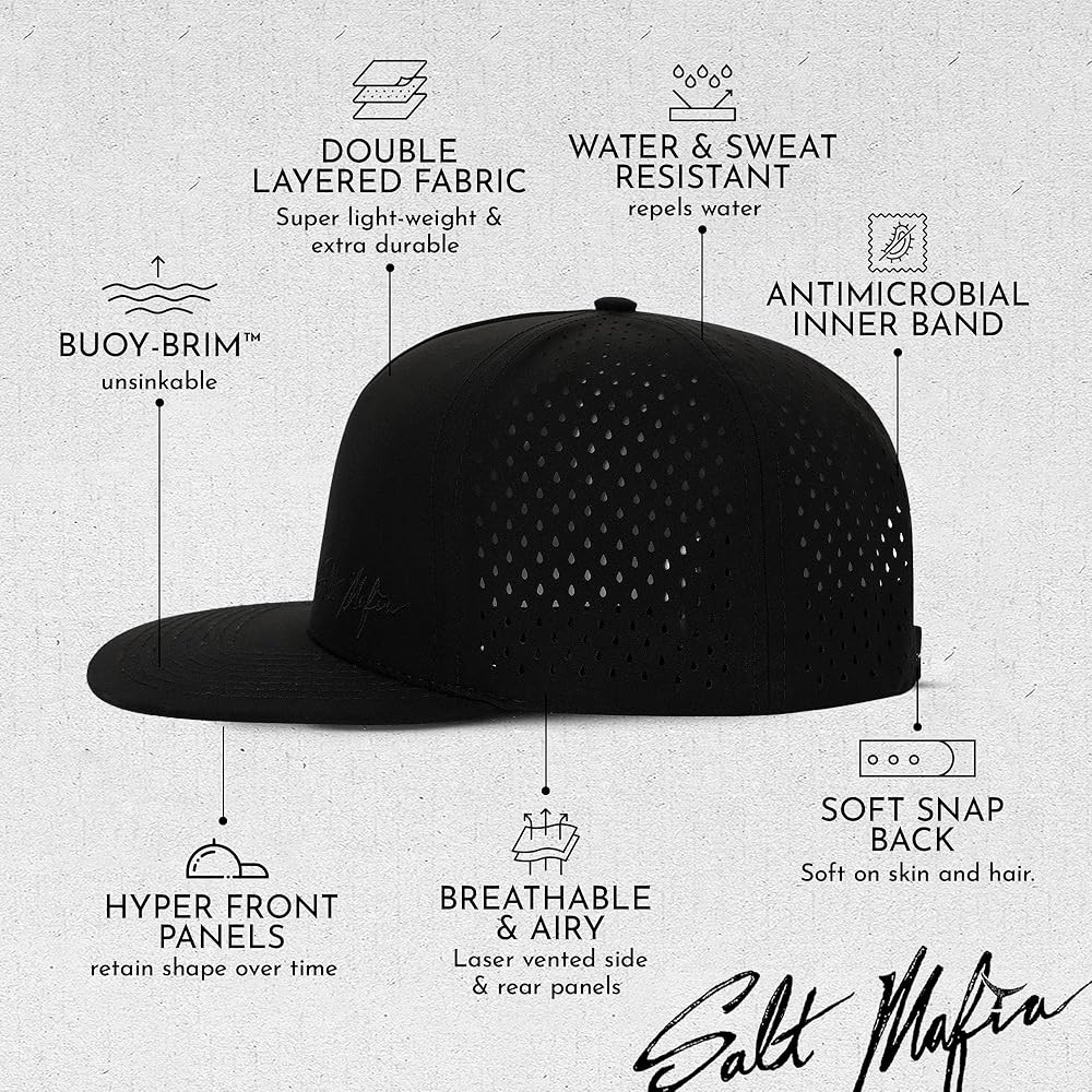 Salt Mafia Flat Brim Waterproof Hats for Men - Performance Snapback Surfer Hat