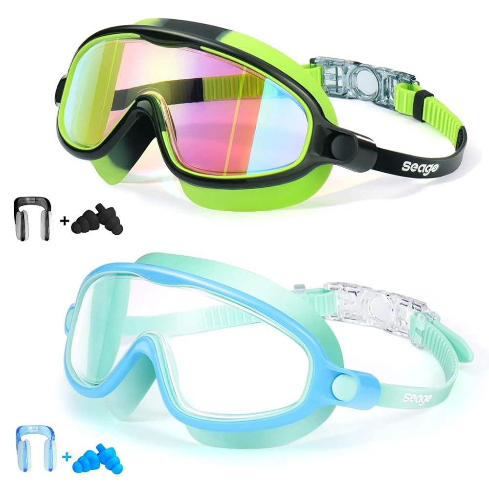 Seago Swim Goggles 2 Pack Anti-Fog Anti-UV Wide View Swimming Goggles for Kids 3-14