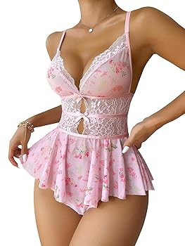 Sexy Bows Floral Lace Mesh Babydoll Lingerie Romper