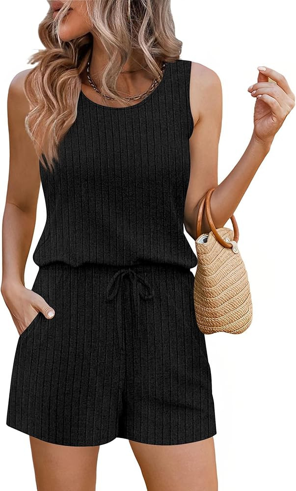 Ekouaer Rompers for Women Summer 2025 Casual Sleeveless Scoop Neck Tank Top Ribbed Short Jumpsuits Romper with Pockets