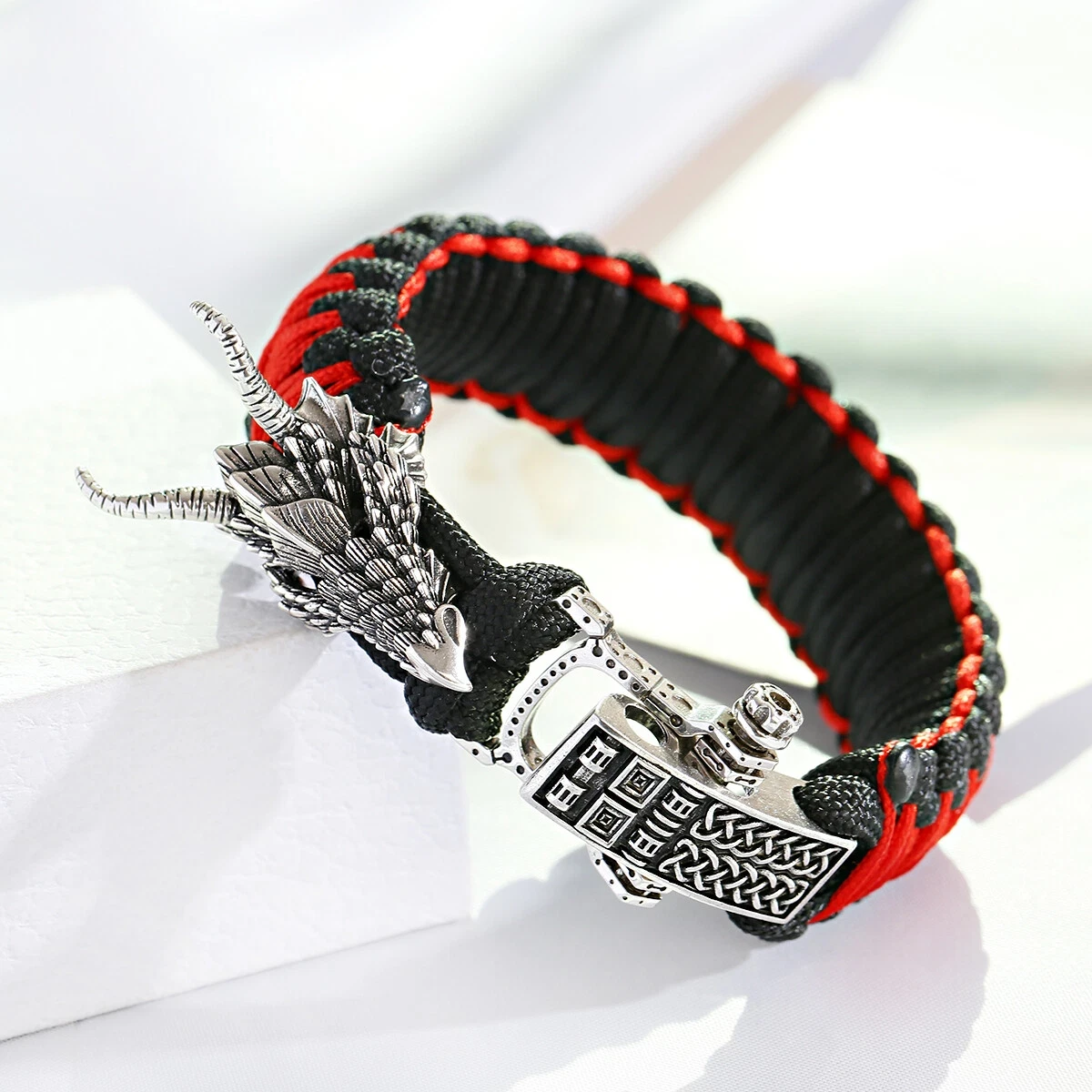 Vintage Silver Dragon Braided Paracord Camping Bracelet Men Hiking Accessories