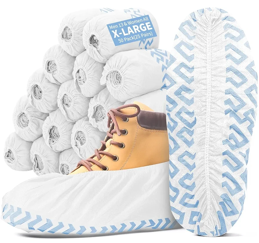 X-Large 50 Pack Shoe Covers Disposable Non-Slip, Black Non-Woven Fabric Boot Covers for Indoors Breathable Slip Resistant Durable Boot, Stretchable Fits Up to Size 13 US Men (White 50 Pcs (Xl))