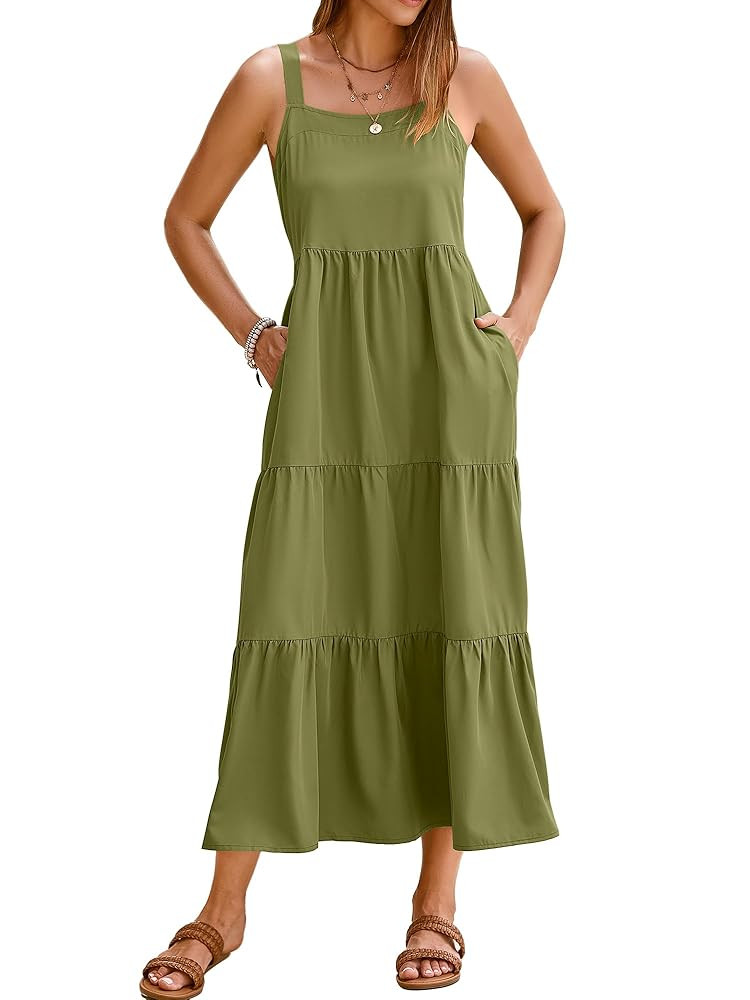 Womens Summer Dresses Sleeveless Adjustable Straps Tiered Maxi Dress with Pockets Casual Beach Long Sundresses