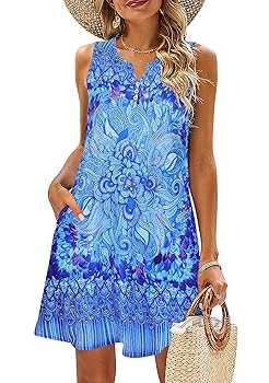 Womens Summer Dresses V Neck Sleeveless Sundresses with Pockets Beach Dress Cover Ups Floral Tank Dresses