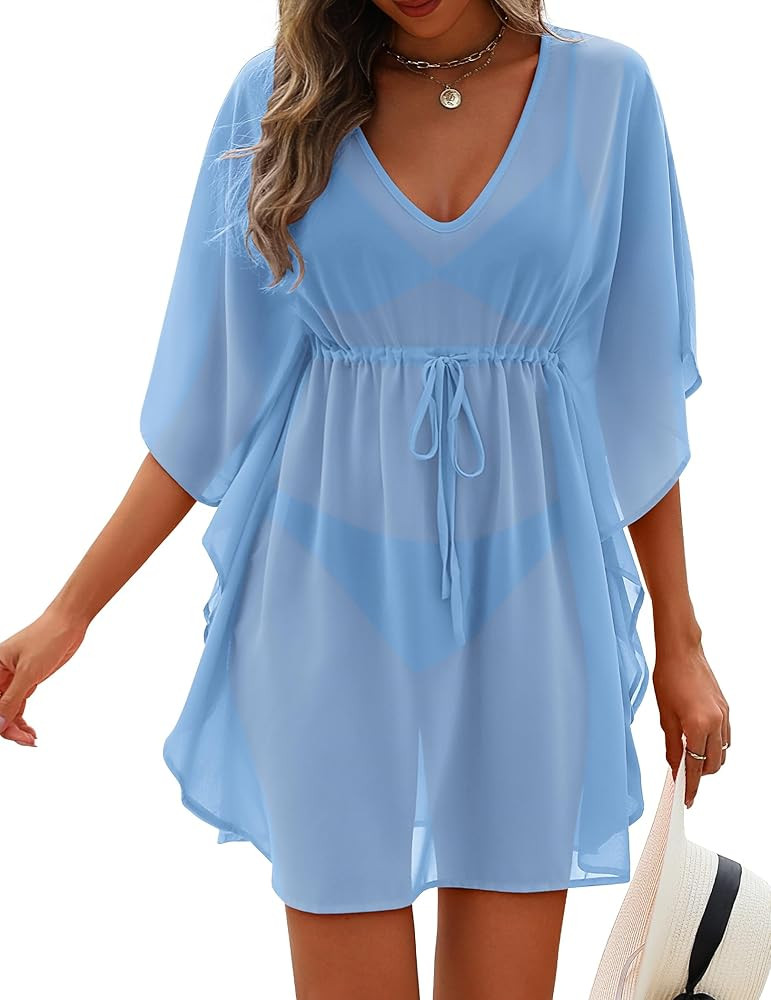 Womens Beach Swimsuit Coverup Sexy Sheer Bathing Suit Cover Up Dress Swimwear Tie Waist Chiffon Beachwear