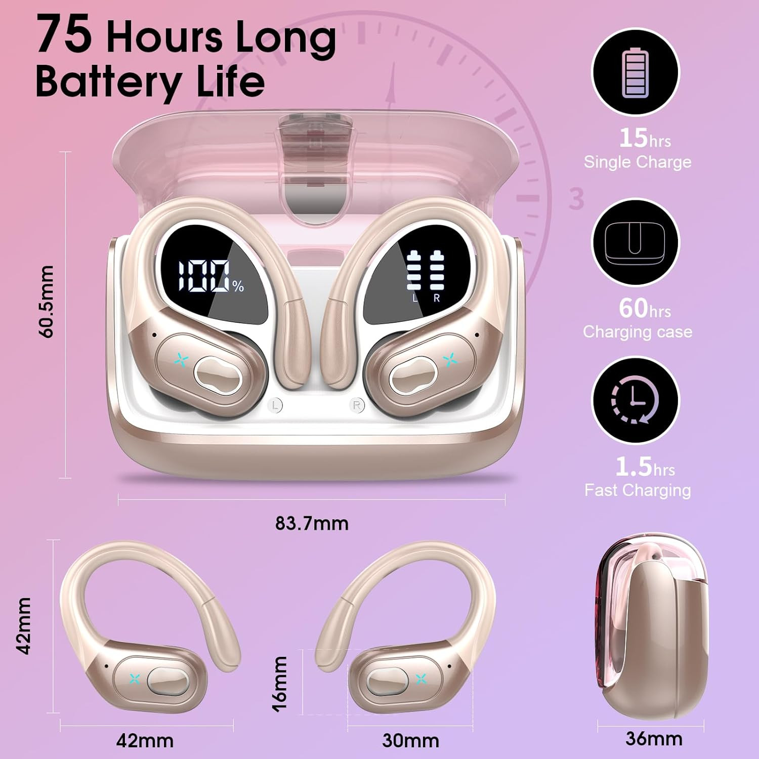 Wireless Earbuds 75hrs Bluetooth 5.3 Headphone Sport, 2024 Bluetooth Earbuds Stereo Deep Bass Over Ear Bud with Earhooks, ENC Noise Cancelling Mic, IPX7 Waterproof Earphone Rose Gold