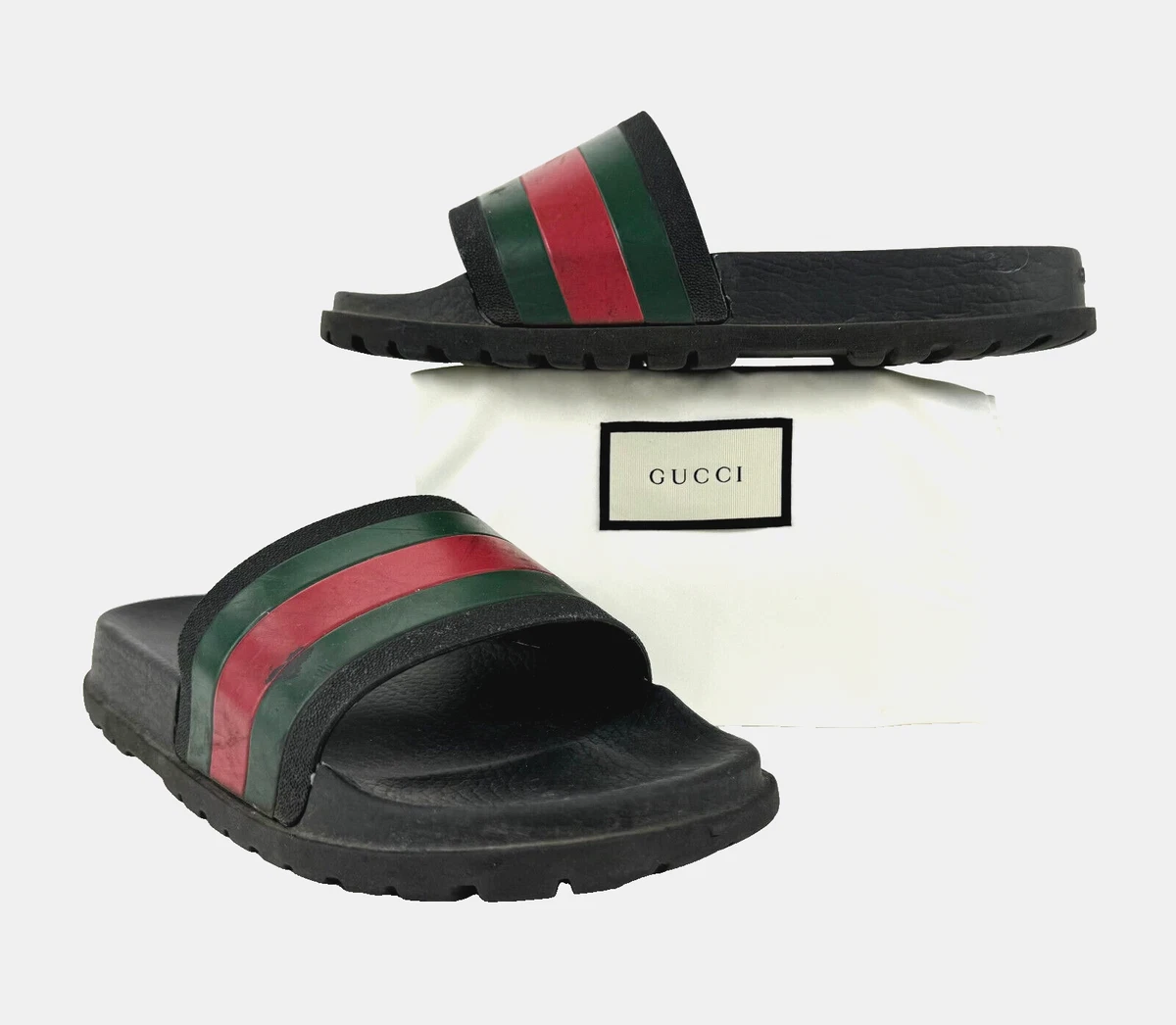 Gucci Auth Men 10.5 US 10 UK 44 EU Black Web Rubber Pool Slides Sandals Shoes