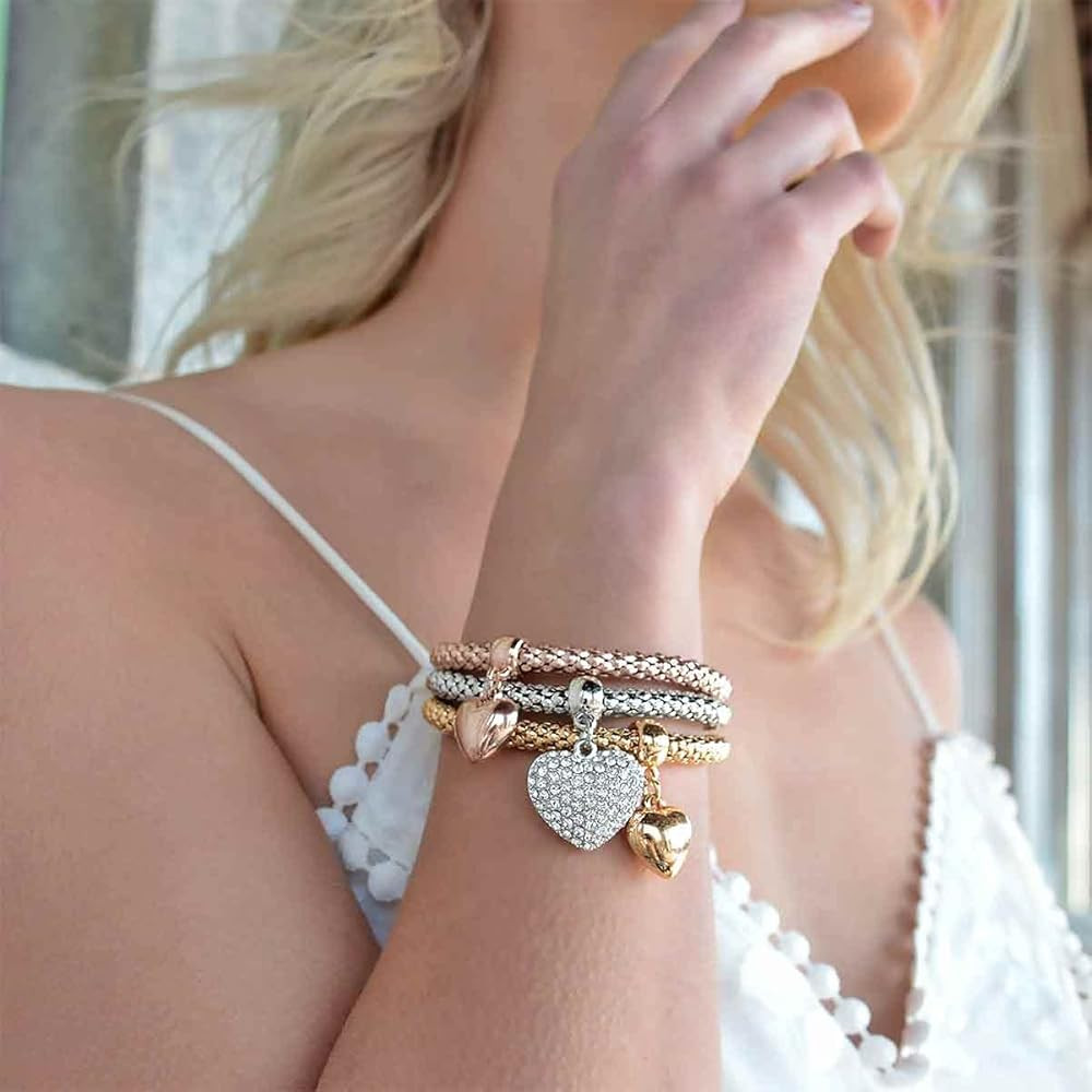 SILANER Crystal Charms Multilayer Bracelets - 3PCS Gold/Silver/Rose Gold Corn Chain Bracelet for Women, Tree of Life Heart Shaped Stretch Bracelet