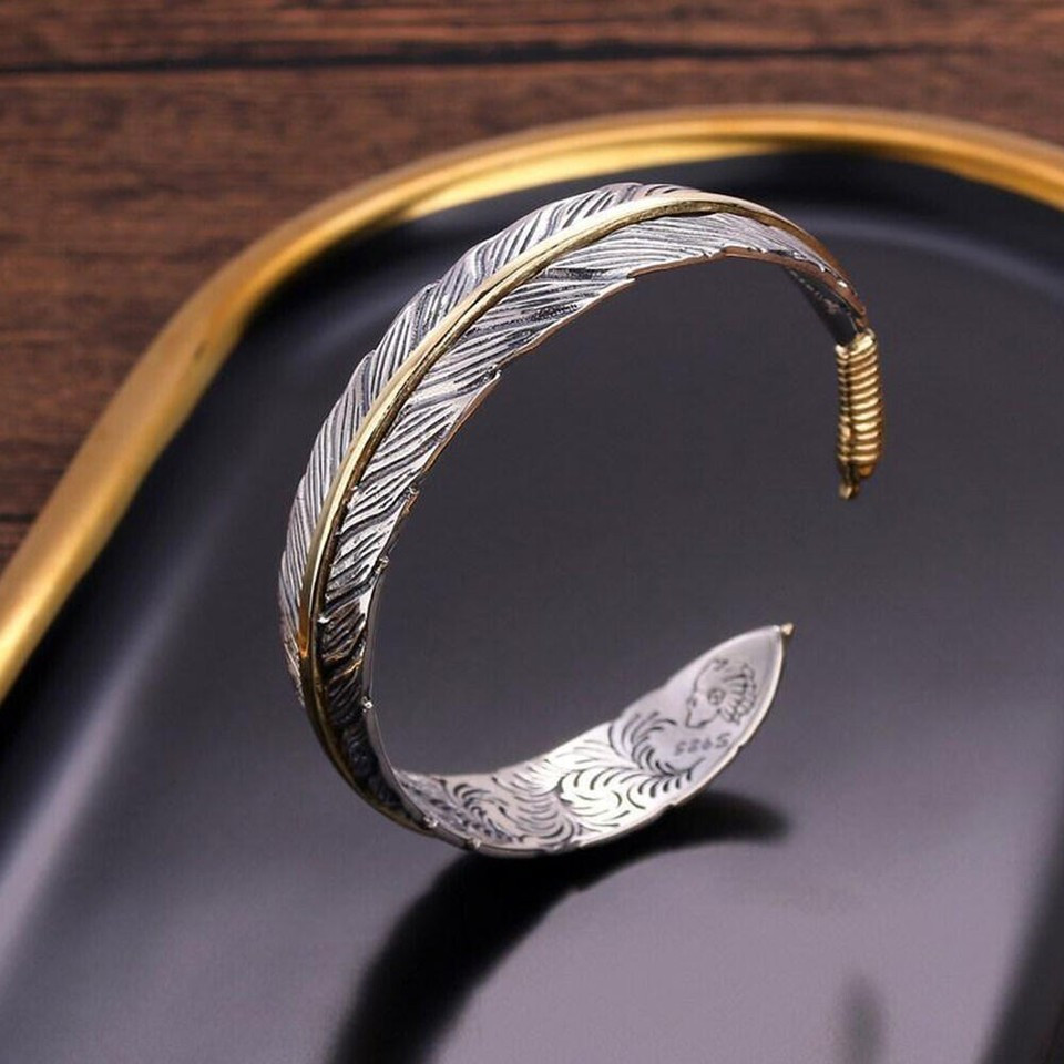 Men's Fashion Jewelry Silver Feather Adjustable Bangle Cuff Bracelet Accessories