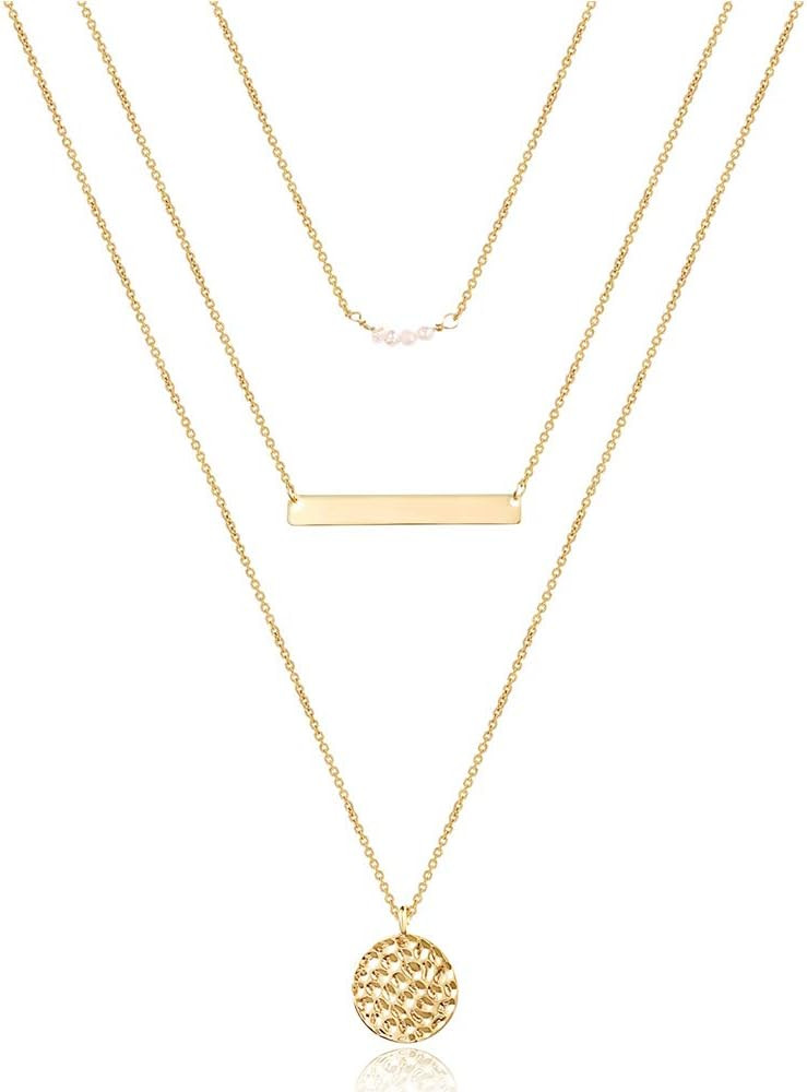 Turandoss Dainty Layered Choker Necklace, Handmade 14K Gold Plated Y Pendant Necklace Multilayer Bar Disc Necklace Adjustable Layering Choker Necklaces for Women