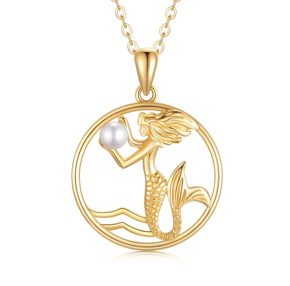Solid 14K Gold Mermaid Pendant Necklace Fairytale Mermaid Pearl Necklace for Women Dainty Jewelry Gifts for Her, 16''-18''