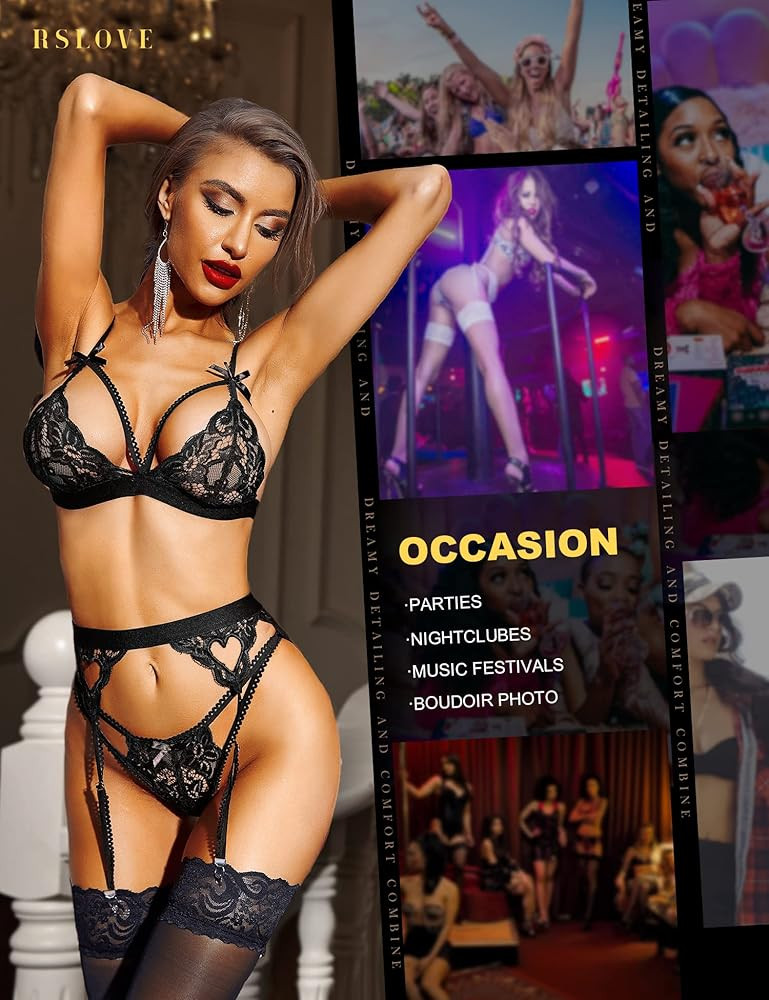 Women Lingerie Sets with Garter Belt 3 Piece Lace Teddy Babydoll Bodysuit