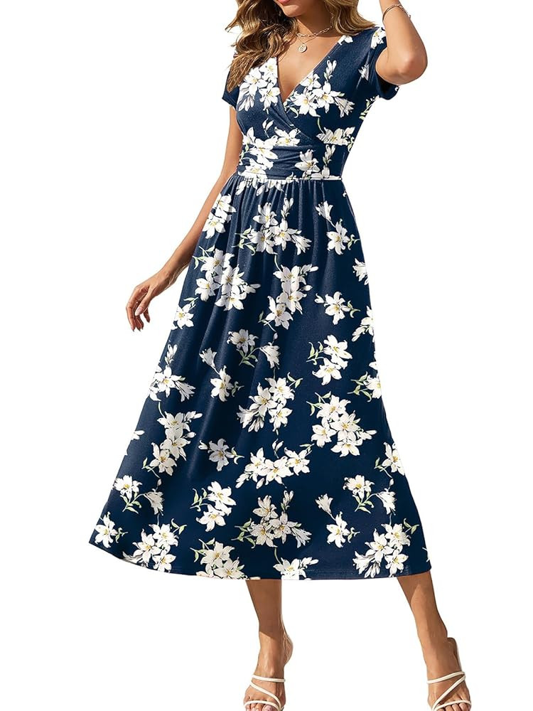 Women's Summer Dresses 2025 Short Sleeve Maxi Dress Casual V Neck Flowy Sundress with Pockets