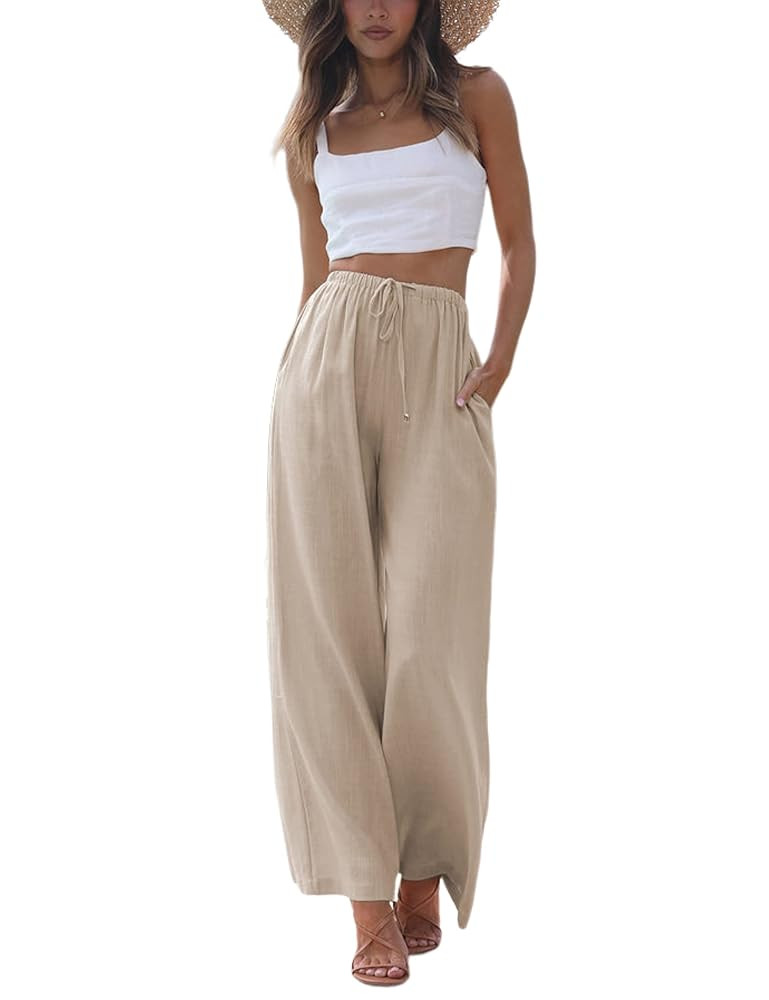 Women's Cotton Linen Summer Palazzo Pants Flowy Wide Leg Beach Trousers with Pockets