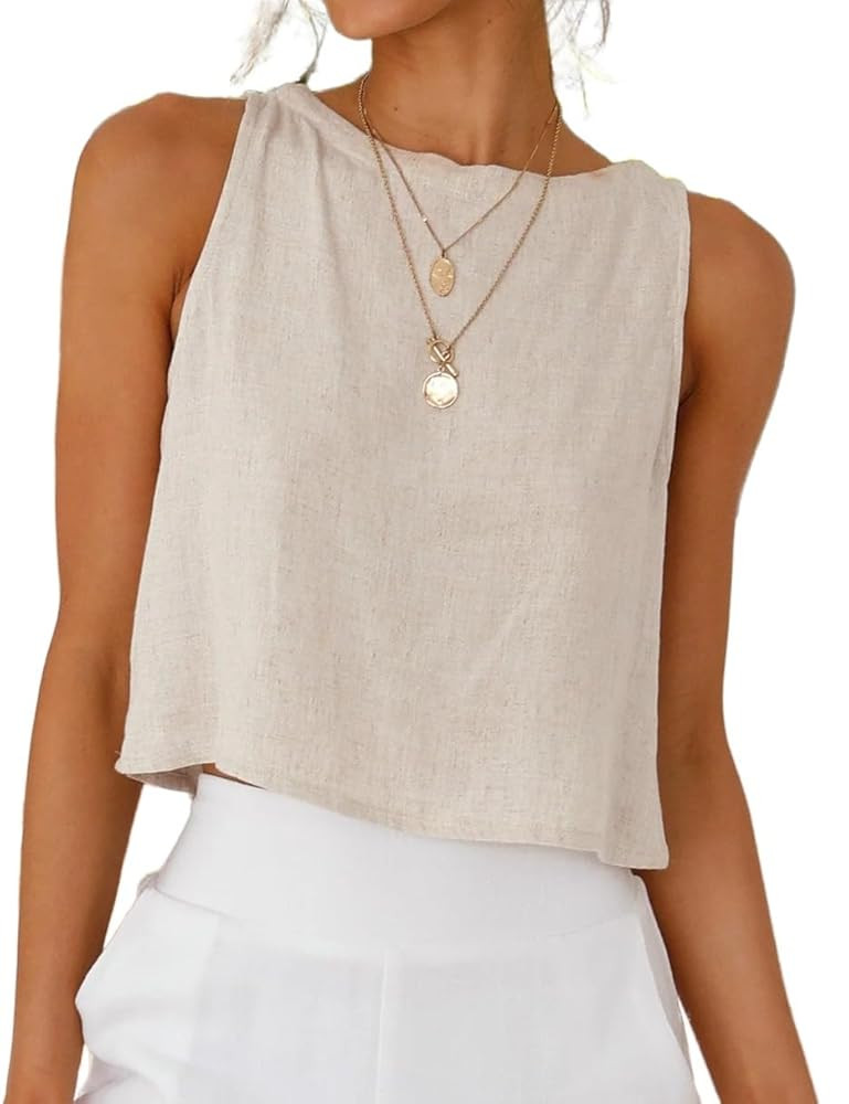 Womens Linen Crop Tank Tops Cute Summer Sleeveless Cropped Linen Tops