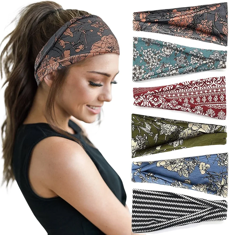 Huachi Boho Headbands for Women Wide Head Bands Yoga Workout Hair Bands for Women's Hair Non Slip Summer Womens Headbands Hair Accessories 6 Pack