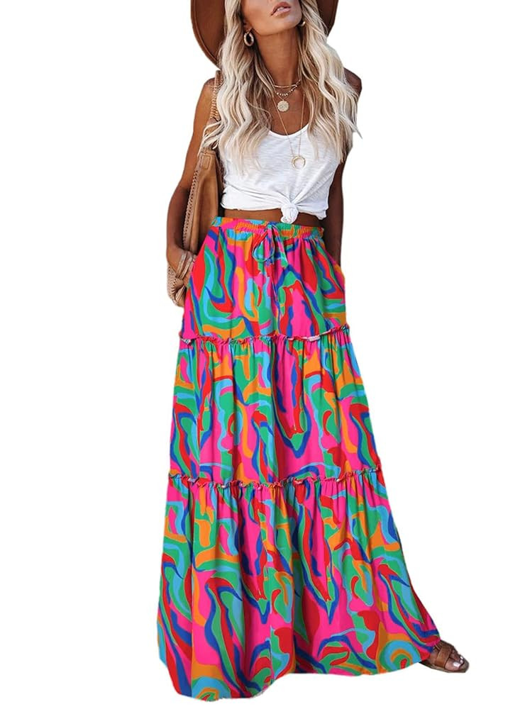 EARKOHA Womens Casual High Waist Tie Paisley Print Long Maxi Skirt with Pockets