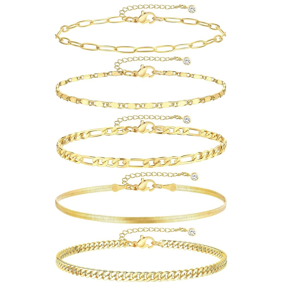Gold Ankle Bracelets for Women, 14k Gold Plated Waterproof Cuban Link Chain Anklets Set, Layered Anklet Bracelets for Women Beach Gift Adjustable Size 5pc